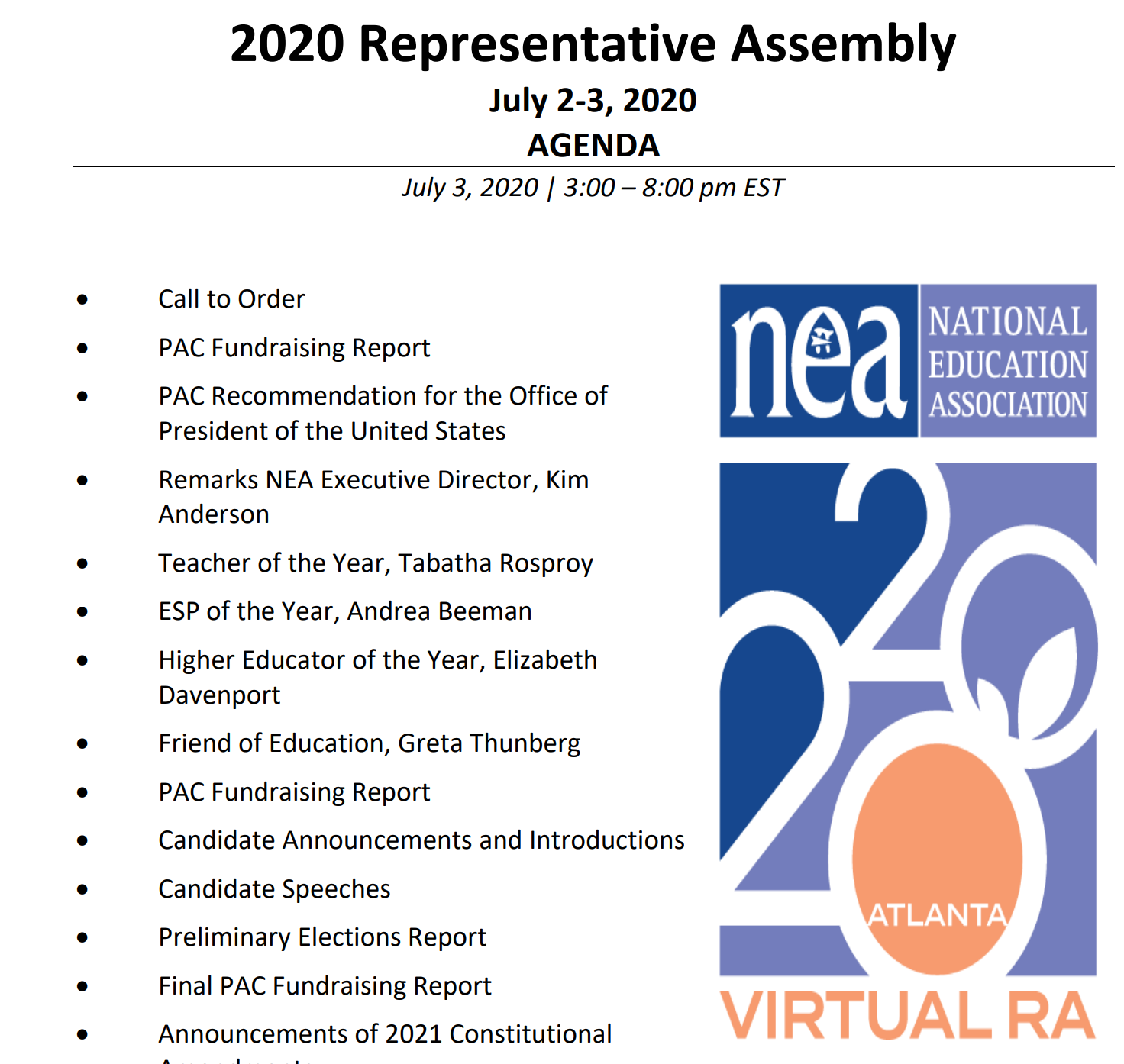 Asamblea Nacional 2020 “Nuestra Democracia. Nuestra Responsabilidad. ¡Nuestro tiempo!” de la Asociación Nacional de Educación (NEA) de los Estados Unidos